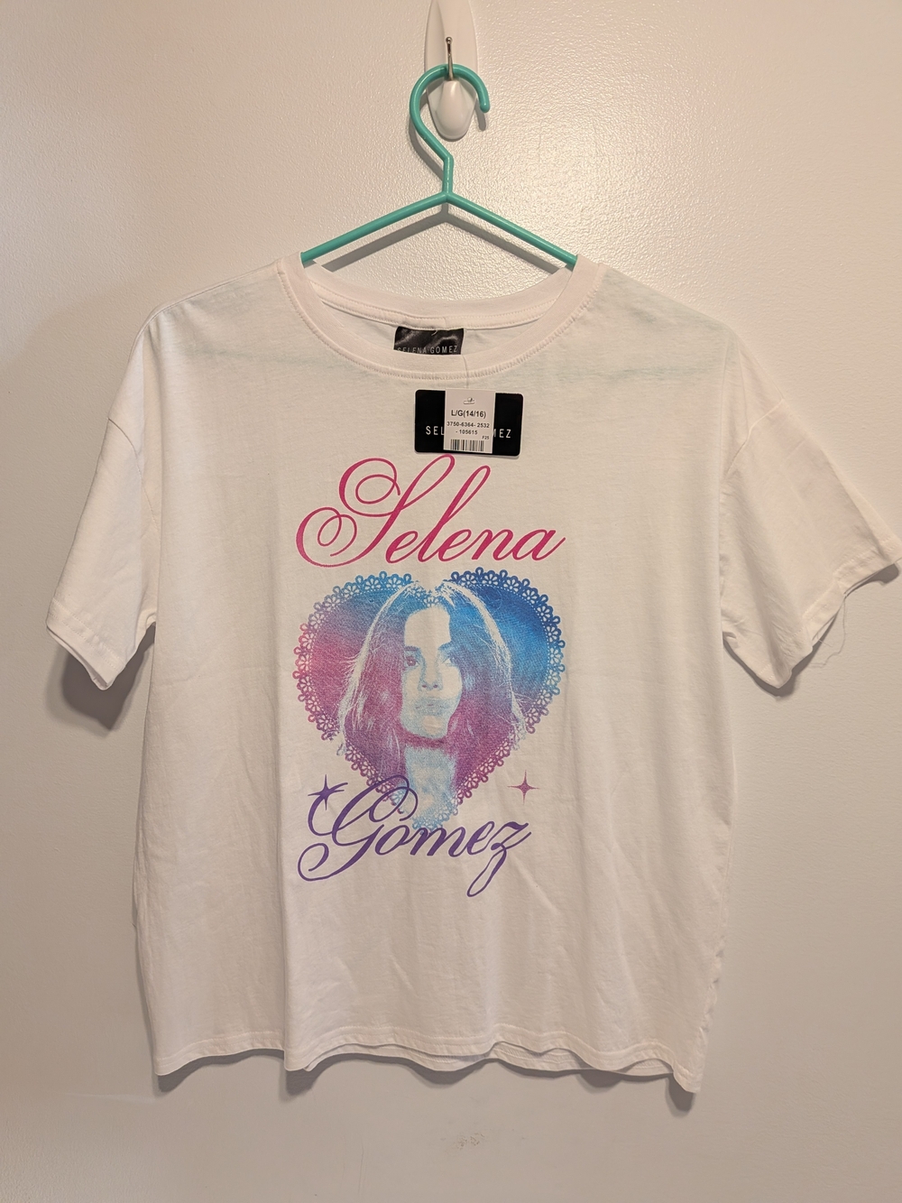 Selena Gomez White Tee with Pink and Blue Graphic